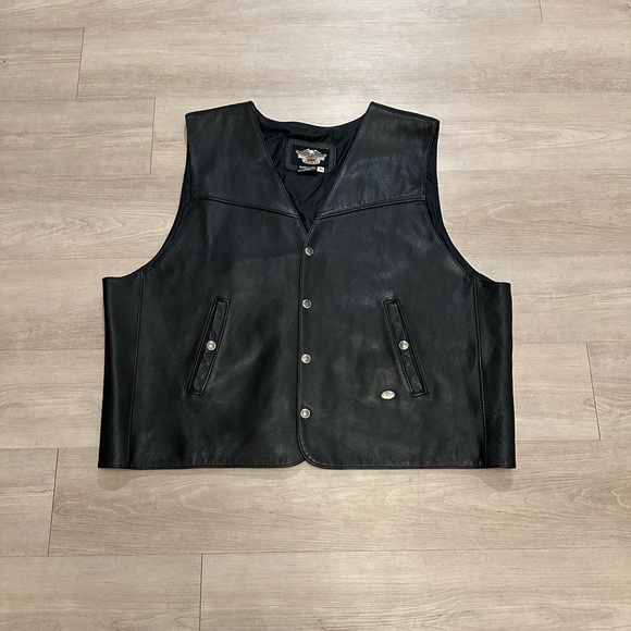 Harley Davidson Motorcycles Black Leather Biker Vest Men’s Size 4XL - Picture 1 of 5